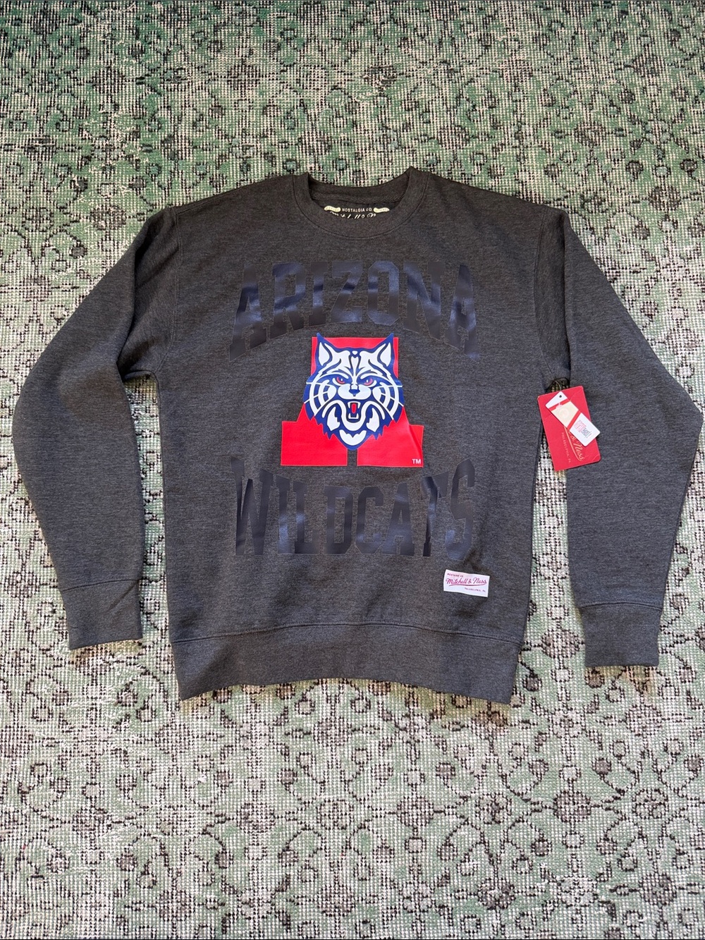 Mitchell & Ness Arizona Wildcats Charcoal Crewneck with Red & Blue Logo